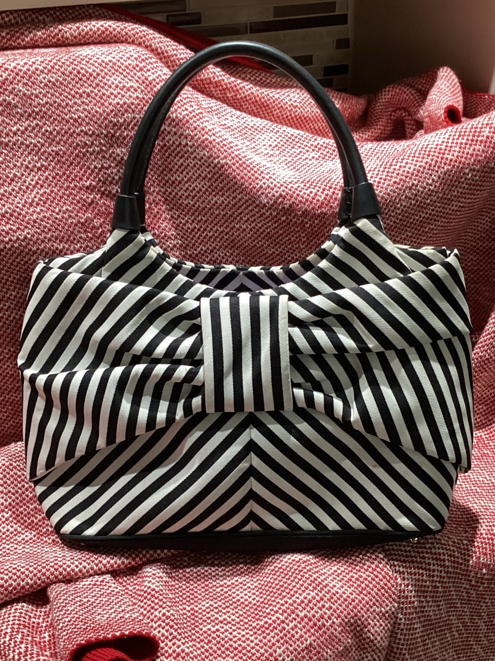 Kate SpadeBlack & White Striped Bow-Front Tote Bag